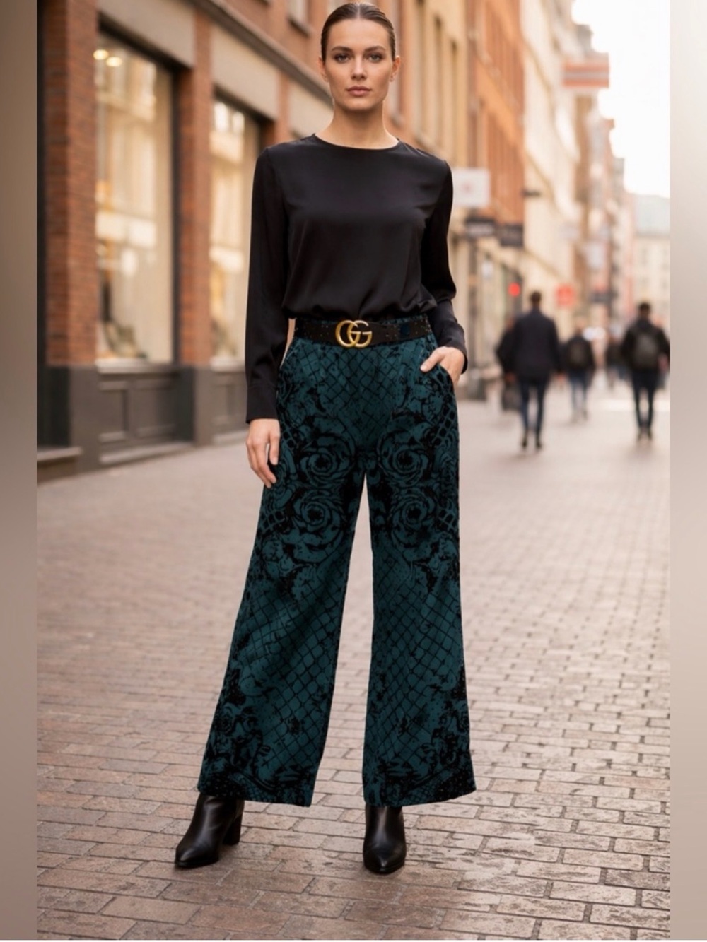BalmainWide-Leg Floral Velvet Pants in Teal - Luxury Style H&M